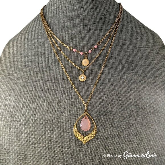 Triple Strand Pink & Gold Tone Layered Beaded Chain Necklace - Picture 1 of 10